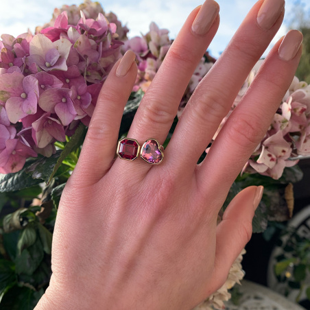 Prächtiger "Toi et Moi" Ring mit Pink Turmalin und Rhodolith