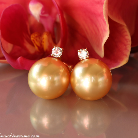 Bright Golden Southsea Pearl Studs with Diamonds