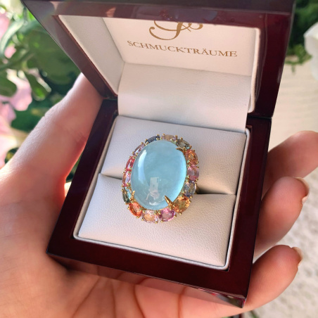 Opulenter Milky Aquamarin Ring mit Multicolor Saphiren