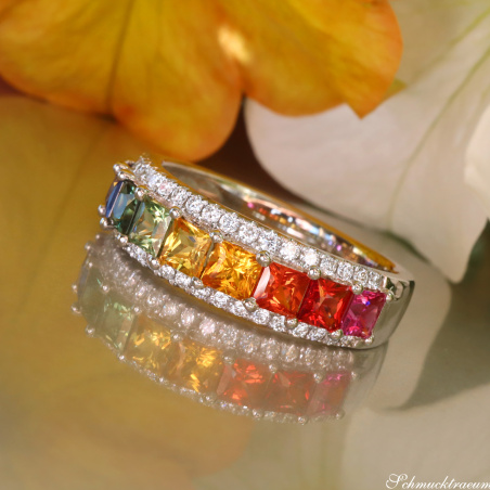 Bildschöner Bandring mit Regenbogen Saphiren & Brillanten
