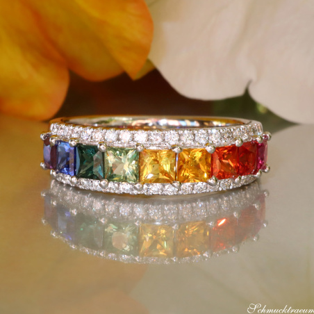 Bildschöner Bandring mit Regenbogen Saphiren & Brillanten