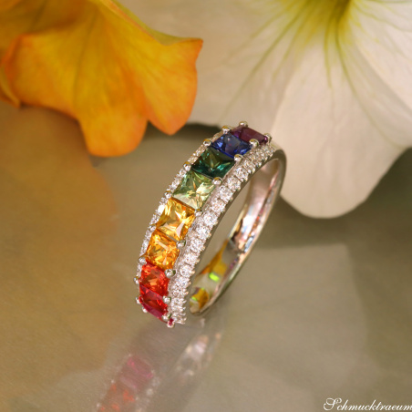 Bildschöner Bandring mit Regenbogen Saphiren & Brillanten