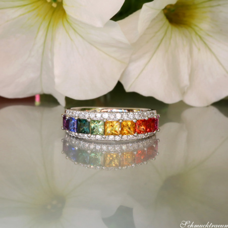 Bildschöner Bandring mit Regenbogen Saphiren & Brillanten