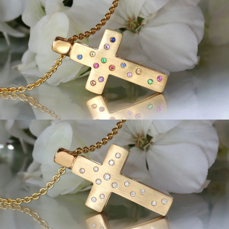 Fabelhaftes Wende Kreuz „2 in 1“ mit Brillanten und Multicolor Saphire