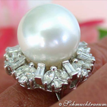 Superb Southsea Pearl Ring with Diamonds