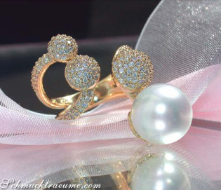 Tremendous Southsea Pearl Ring with Diamond Pave Balls