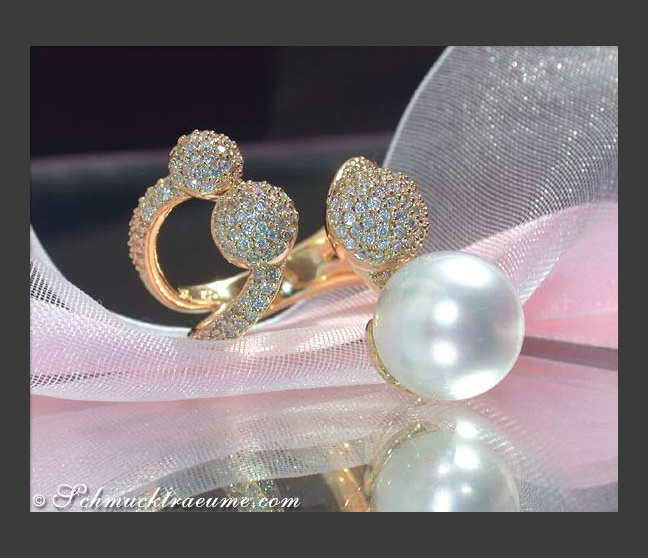 Tremendous Southsea Pearl Ring with Diamond Pave Balls Tremendous Southsea Pearl Ring with Diamond Pave Balls