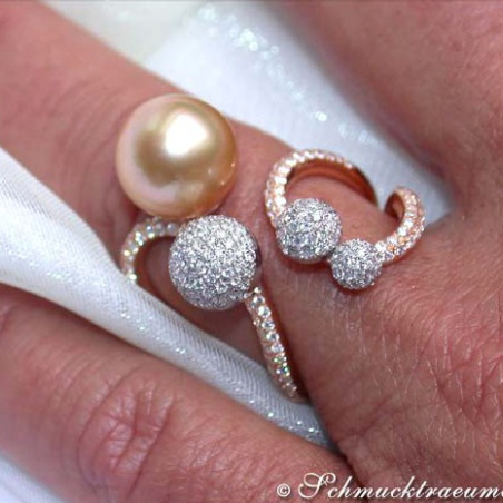 Wonderful Golden Southsea Pearl Ring with Diamonds