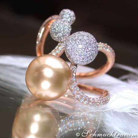 Wonderful Golden Southsea Pearl Ring with Diamonds