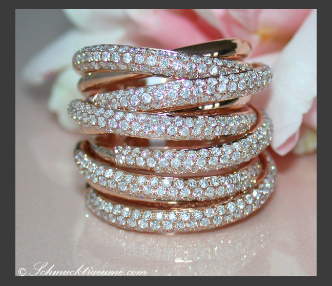 Huge Multi Row Diamond Ring in Rose gold 18k