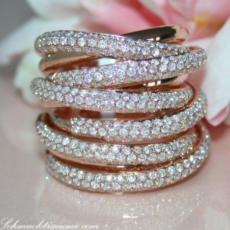 Huge Multi Row Diamond Ring in Rose gold 18k