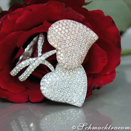 Exquisite Double Heart Diamond Ring in White & Rose Gold 18k