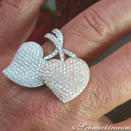 Exquisite Double Heart Diamond Ring in White & Rose Gold 18k