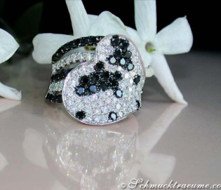 Unusual Black & White Diamond Heart Ring