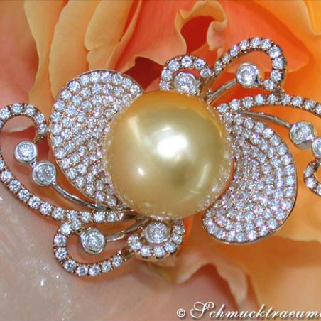 Magnificent Golden Southsea Pearl Ring with Diamonds