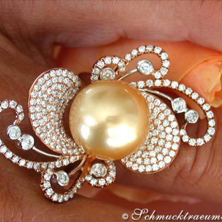 Magnificent Golden Southsea Pearl Ring with Diamonds