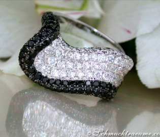 Tremendous Black & White Diamond "Wave" Ring