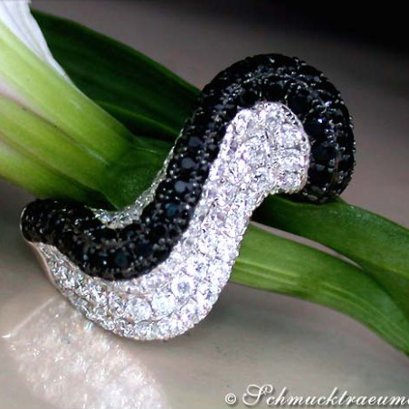 Tremendous Black & White Diamond "Wave" Ring