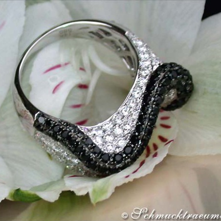 Tremendous Black & White Diamond "Wave" Ring