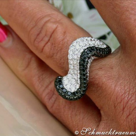 Tremendous Black & White Diamond "Wave" Ring