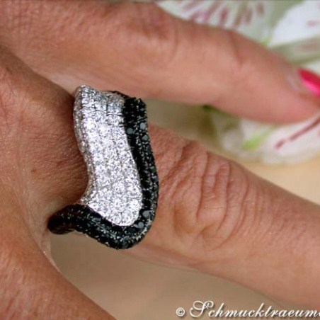 Tremendous Black & White Diamond "Wave" Ring