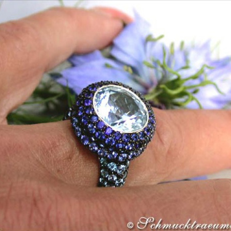 Spectacular Blue Topaz Ring with Sapphires