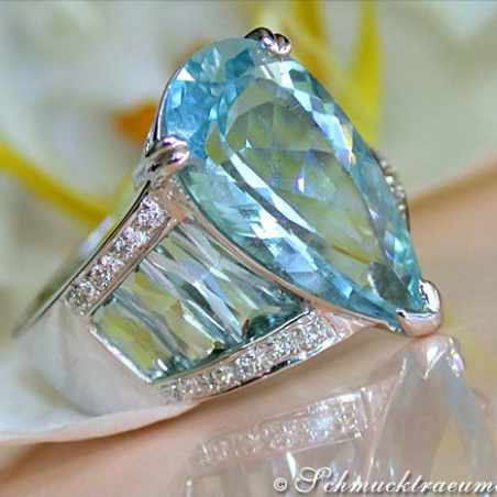Huge Aquamarine Pear Ring with Diamonds