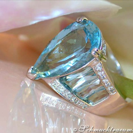 Huge Aquamarine Pear Ring with Diamonds