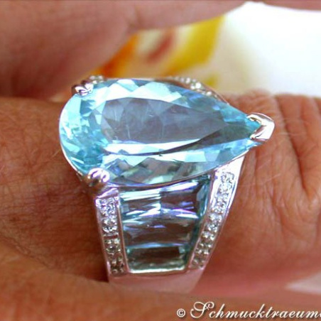 Huge Aquamarine Pear Ring with Diamonds