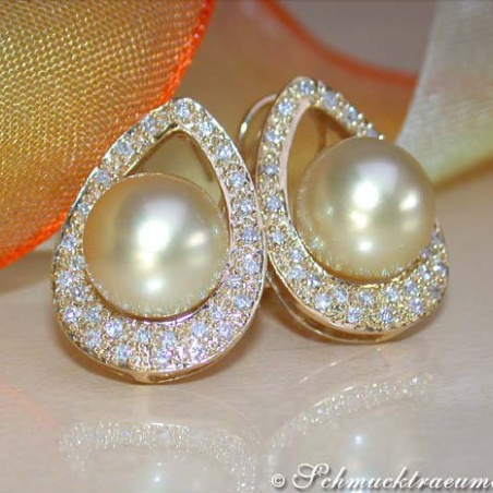 Golden Southsea Pearl Studs with Diamonds (Mikimoto Design)