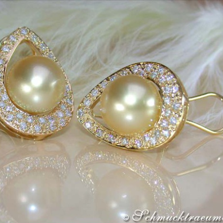 Golden Southsea Pearl Studs with Diamonds (Mikimoto Design)