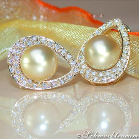 Golden Southsea Pearl Studs with Diamonds (Mikimoto Design)