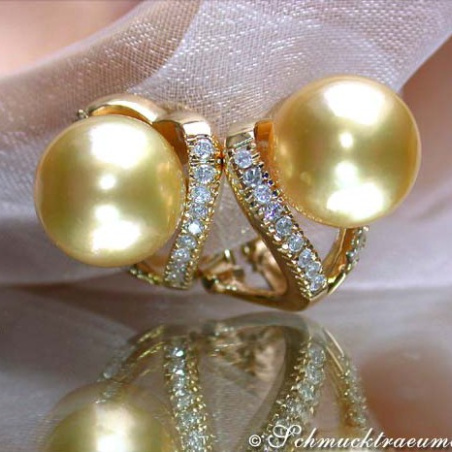 Attractive Golden South Sea Pearl Earrings with Diamonds