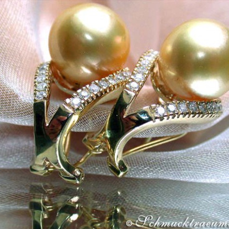 Attractive Golden South Sea Pearl Earrings with Diamonds