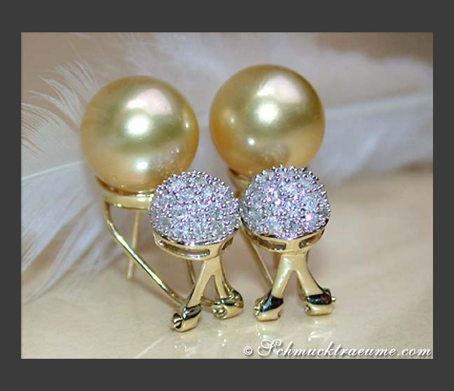 Golden Southsea Pearl Earrings with Diamond Pavé Balls Golden Southsea Pearl Earrings with Diamond Pavé Balls