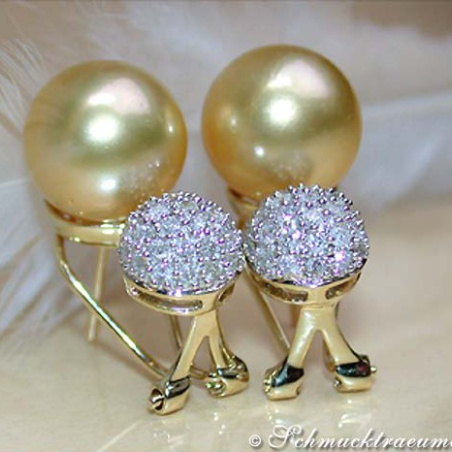 Golden Southsea Pearl Earrings with Diamond Pavé Balls