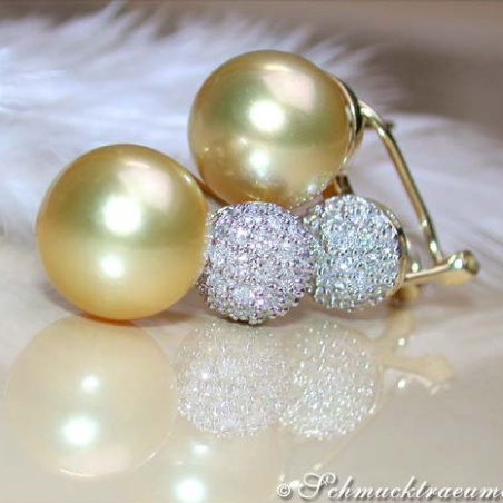 Golden Southsea Pearl Earrings with Diamond Pavé Balls
