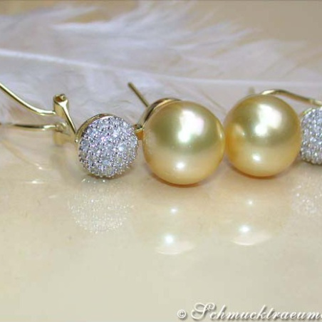 Golden Southsea Pearl Earrings with Diamond Pavé Balls
