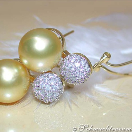 Golden Southsea Pearl Earrings with Diamond Pavé Balls