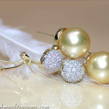 Golden Southsea Pearl Earrings with Diamond Pavé Balls