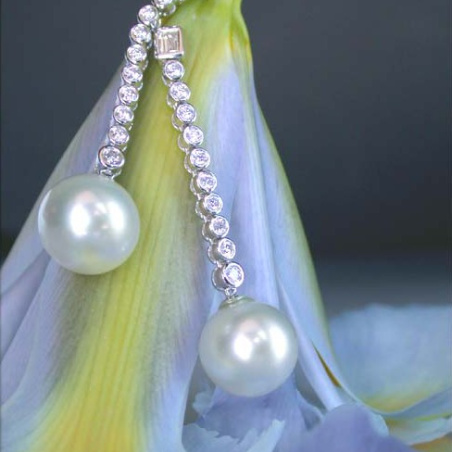 Long Southsea Pearl Dangling Earrings with Diamonds