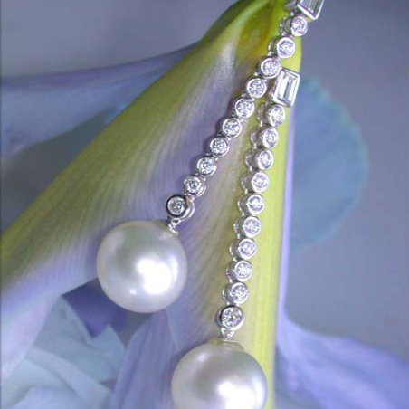 Long Southsea Pearl Dangling Earrings with Diamonds