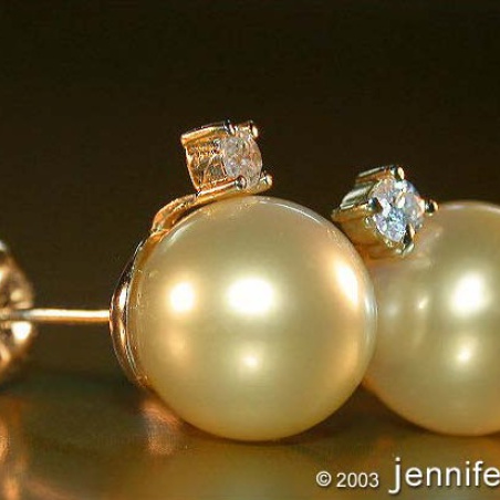 Bright Golden Southsea Pearl Studs with Diamonds