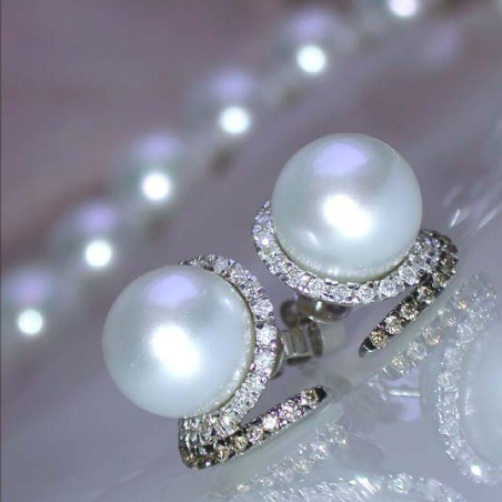Southsea Pearl Studs with white & brown Diamonds