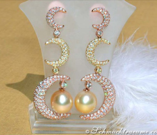 Stunning Dangling Earrings with Golden Southsea Pearls and Diamonds