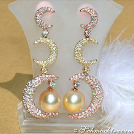 Stunning Dangling Earrings with Golden Southsea Pearls and Diamonds