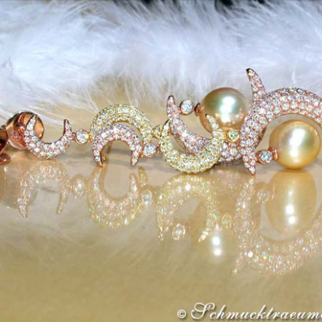 Stunning Dangling Earrings with Golden Southsea Pearls and Diamonds
