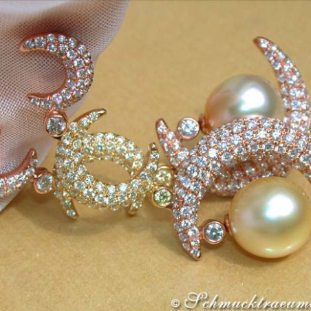 Stunning Dangling Earrings with Golden Southsea Pearls and Diamonds