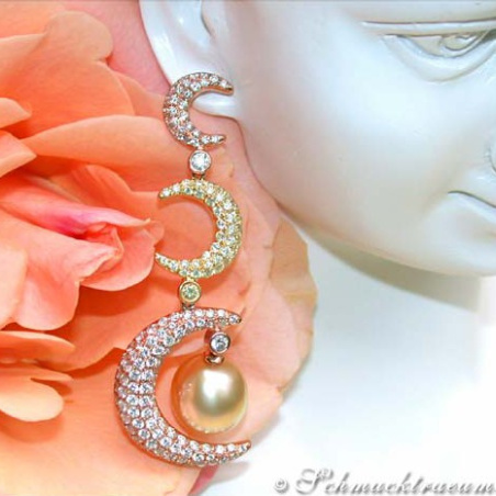 Stunning Dangling Earrings with Golden Southsea Pearls and Diamonds