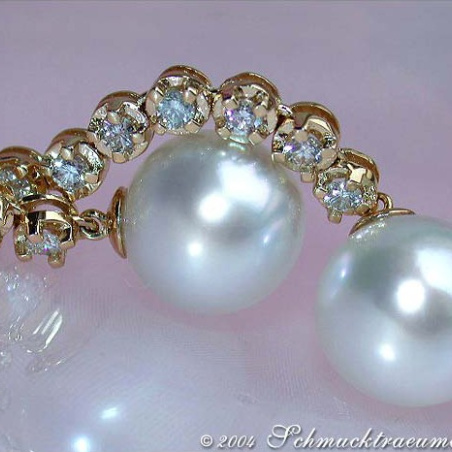 Extra long Southsea Pearl Dangling Earrings with Diamonds